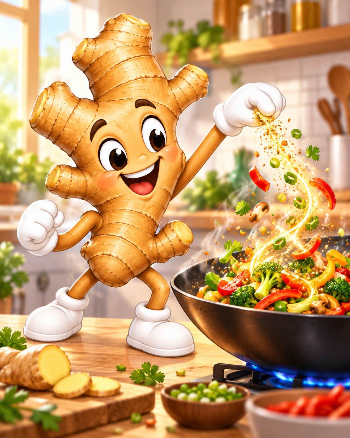 Gingy adding flavor to a bright, colorful stir-fry