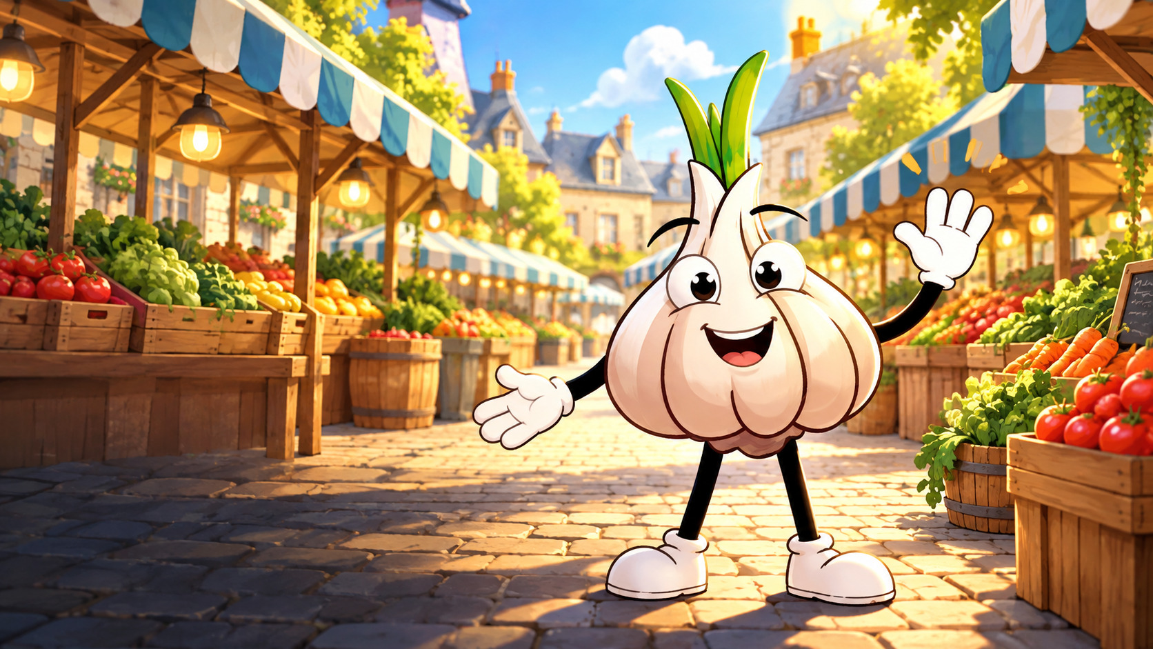 Gary the Garlic welcoming kids to the Market Veggies market
