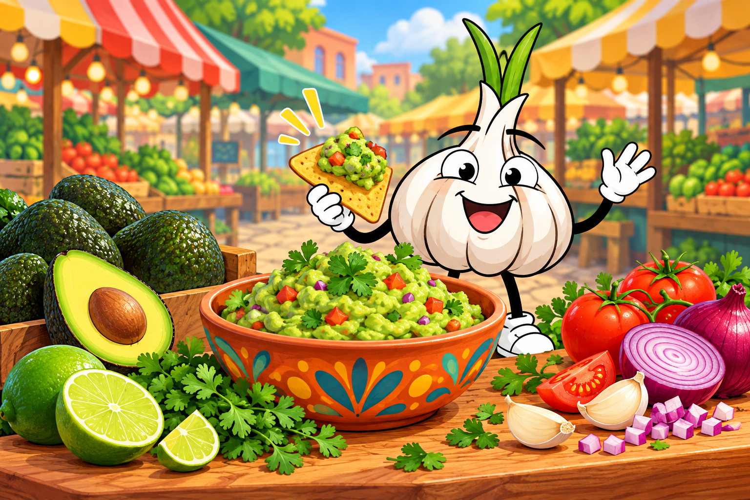 Gary the Garlic with guacamole and fresh market ingredients